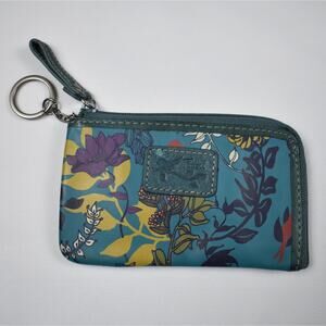 Fossil ID card holder wallet coin purse zip pouch keychain blue floral leather